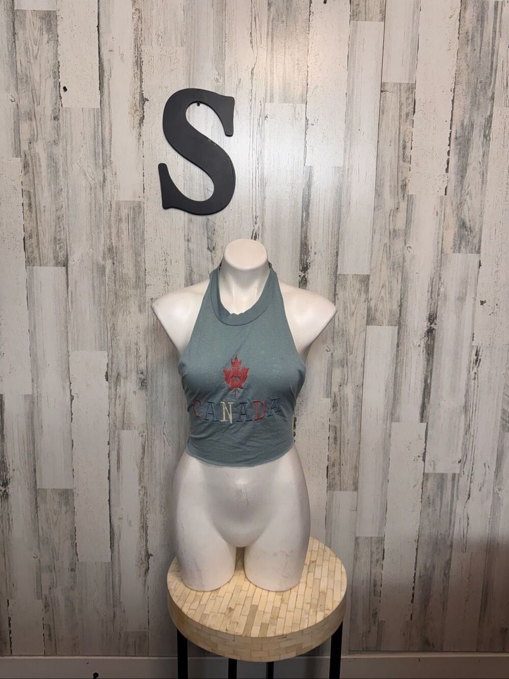 Canada Embroidered Maple Leaf Upcycled Halter Crop Top Womens Small Sage Green